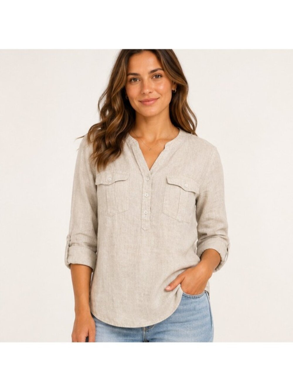 Talbots Petite Womens L Linen Shirt Oatmeal Beige Utility Pocket Roll Tab Top